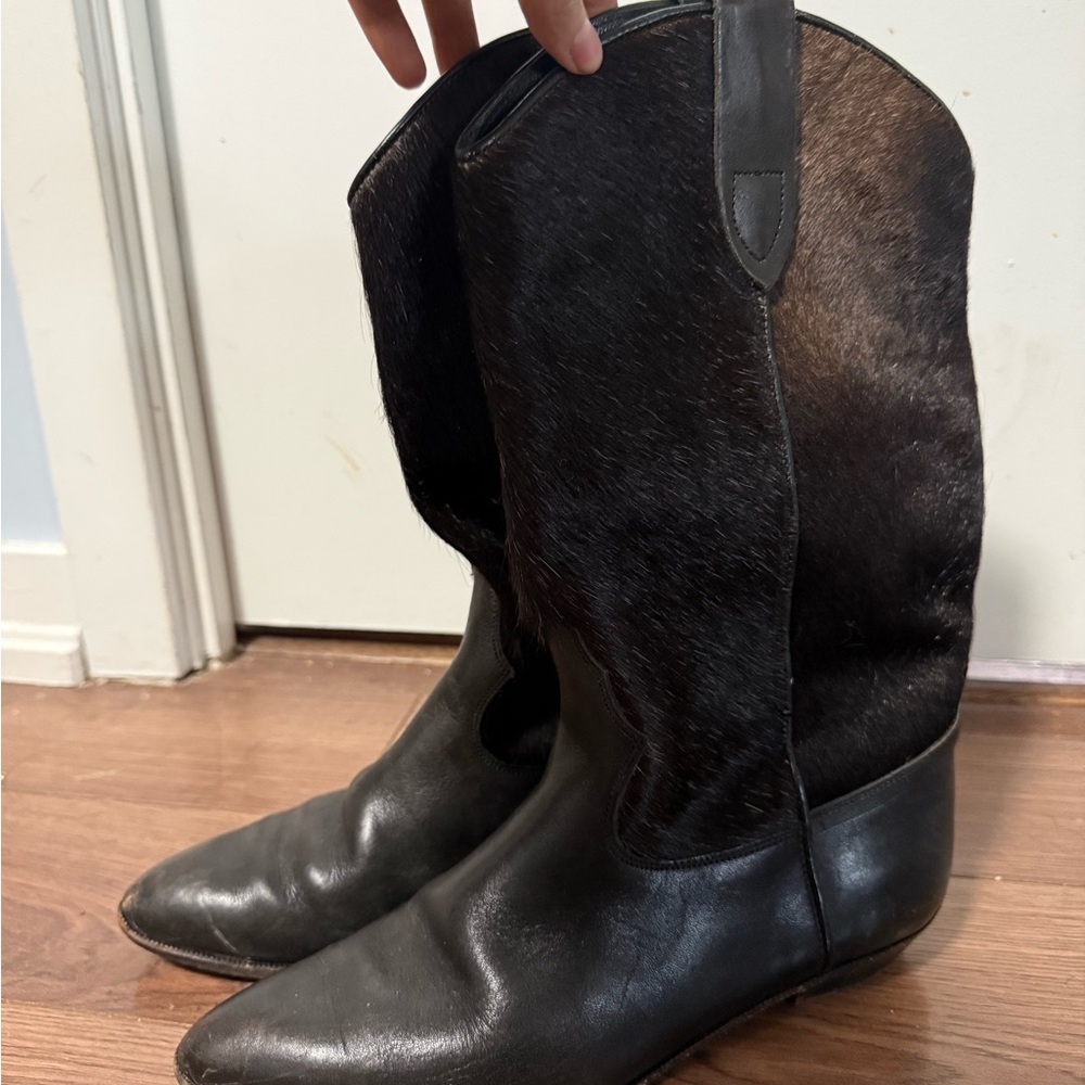 Vintage Black and Fur Leather Cowboy Boots